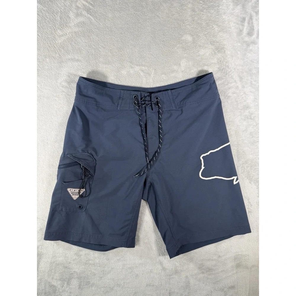 Columbia PFG Board Shorts Mens 32 Blue Large Mouth Bass Graphic Fishing Swimwear